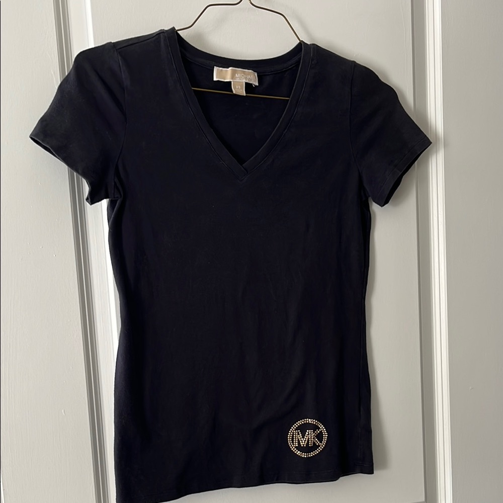 Michael Kors Black V-Neck Short Sleeve Top with Rhinestone MK Emblem